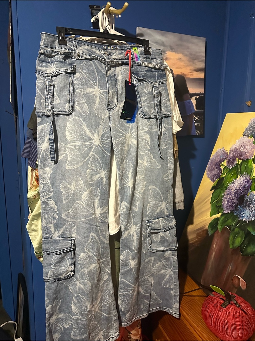 Vibrant Denim Cargo Pants Butterfly Print, 15, NWT